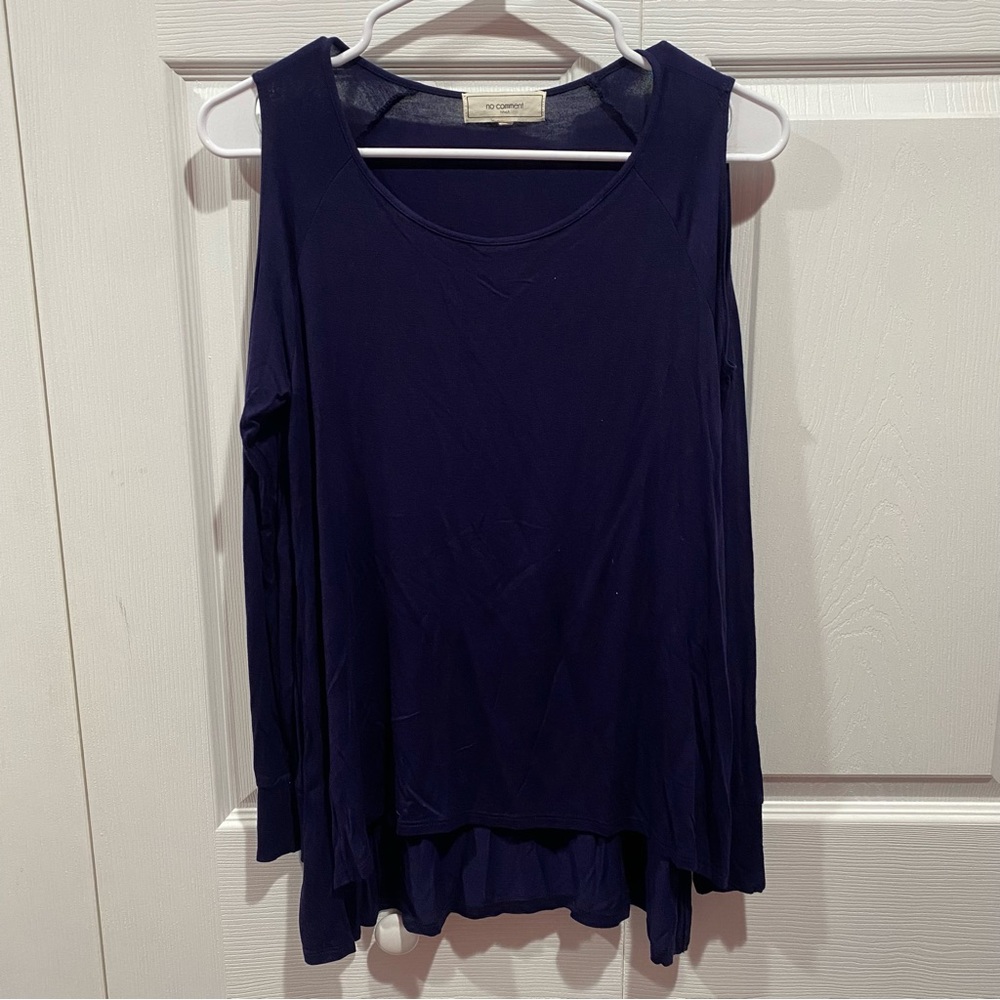 NO COMMENT Women’s Long Sleeve Soft Shoulder Cutout Top Shirt - navy blue size S